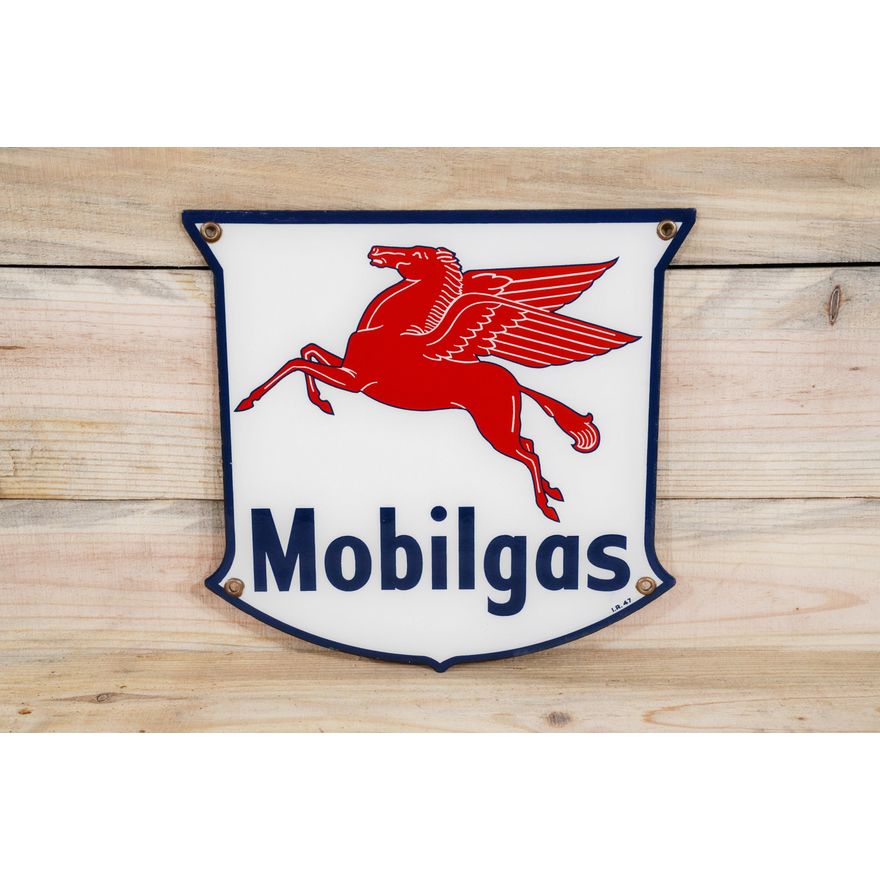 1947 Mobilgas Pegasus Single Sided Porcelain Pump Sign TAC 9.5