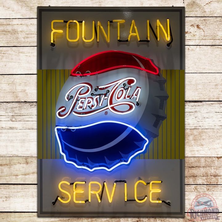 Pepsi Cola Fountain Service SS Porcelain Neon Sign w/ Bottlecap