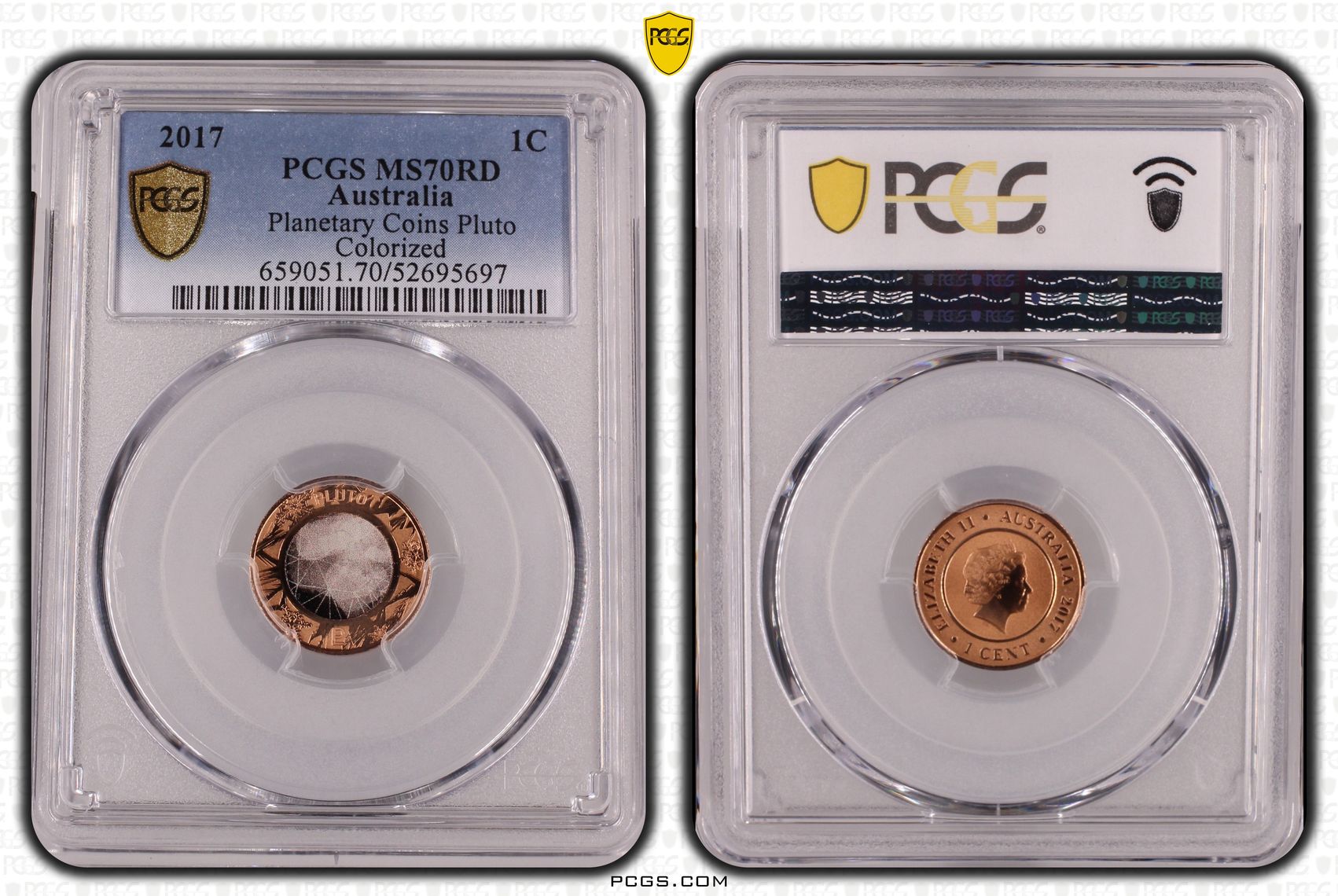 334 · Planetary Coins Pluto Colourised, One Cent, 2017, PCGS MS70RD
