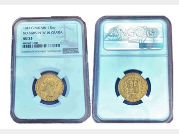 1842 Queen Victoria Young Head London Mint (No Bars in 'A's in Gratia) Gold Sovereign NGC Graded AU53