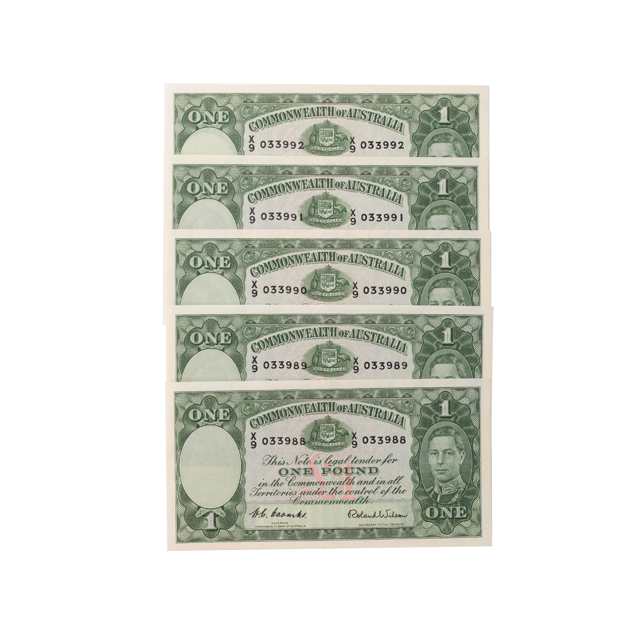 1894. · Consecutive Run, Coombs/Wilson, One Pound, 1952, UNC