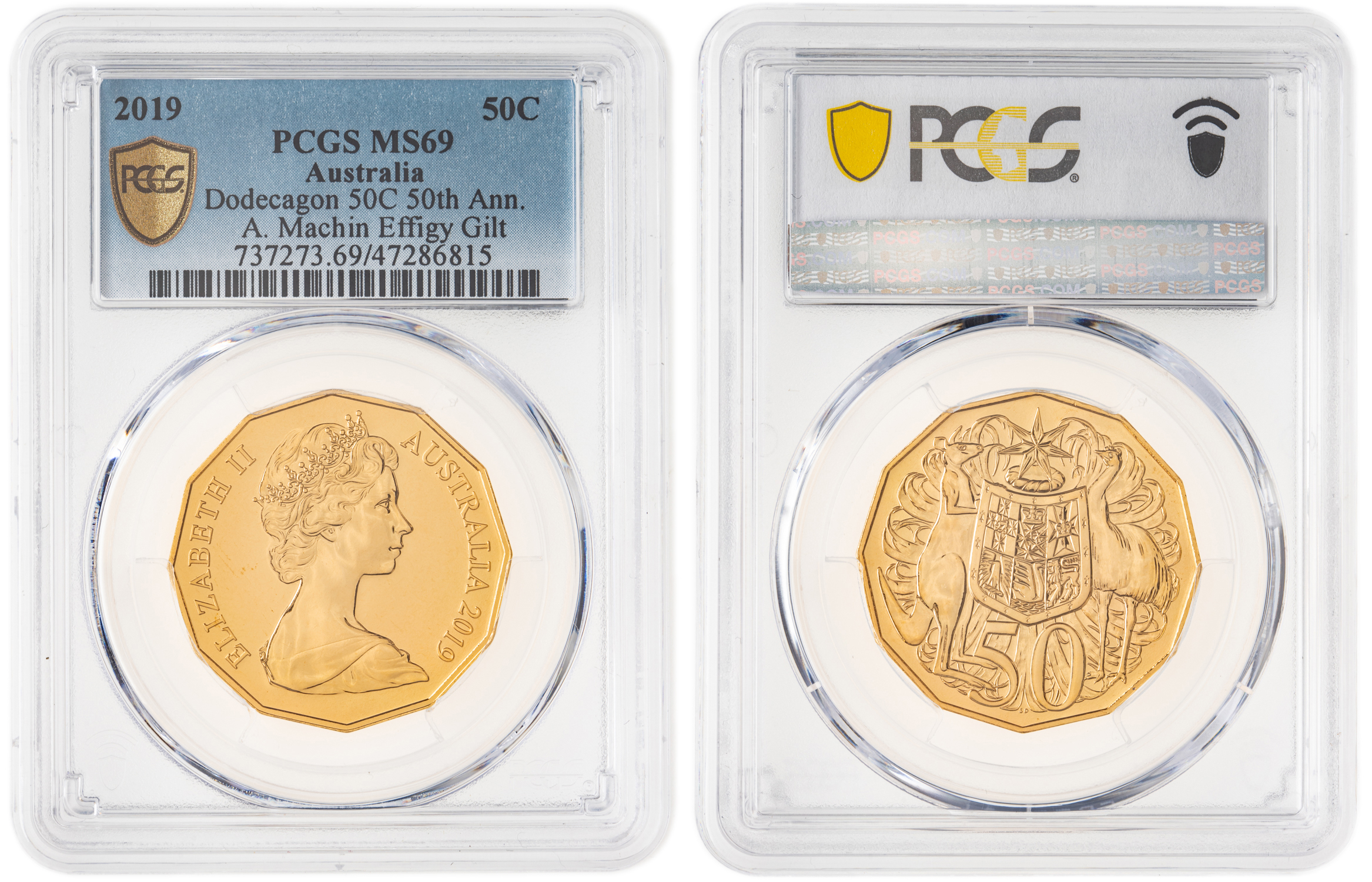 Elizabeth II, Dodecagon 50C 50th Ann. A. Machin Effigy Gilt, Fifty Cent, 2019, PCGS MS69