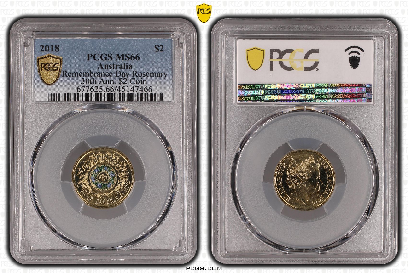 2018 Australia Two Dollar, $2 Remembrance Day Rosemary 30th Ann. $2 Coin PCGS - MS66 -466