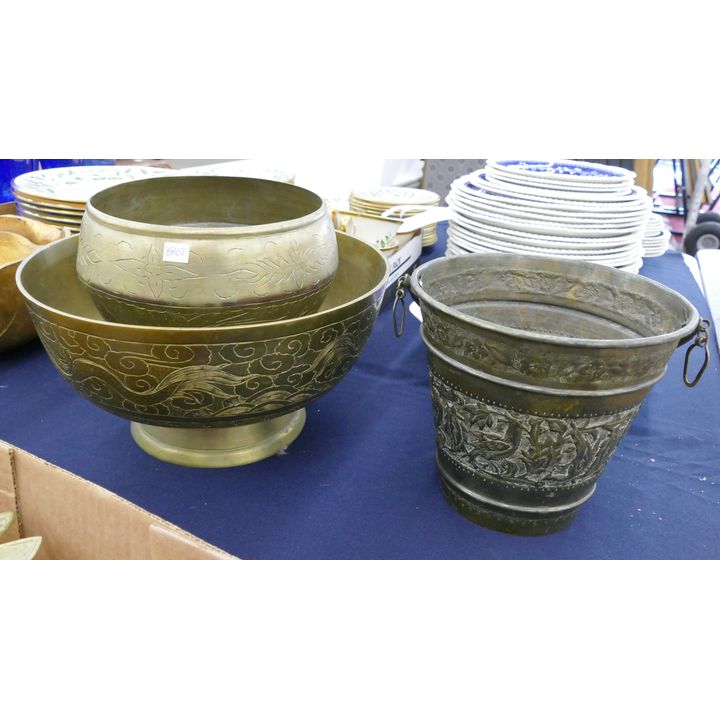 3pc Ethnic Brass Bowls & Pail- 7'' to 11''