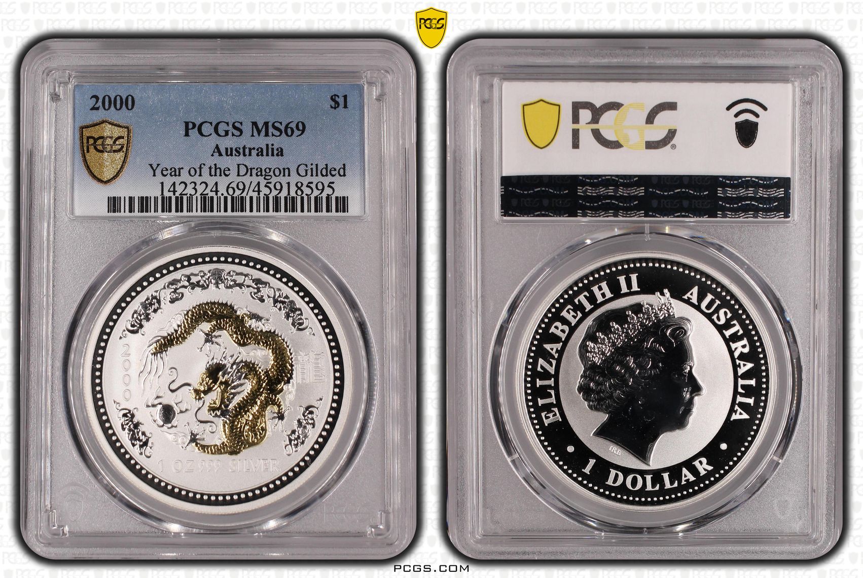 2000 Aus $1 Year of the Dragon Silver Gilt PCGS MS69