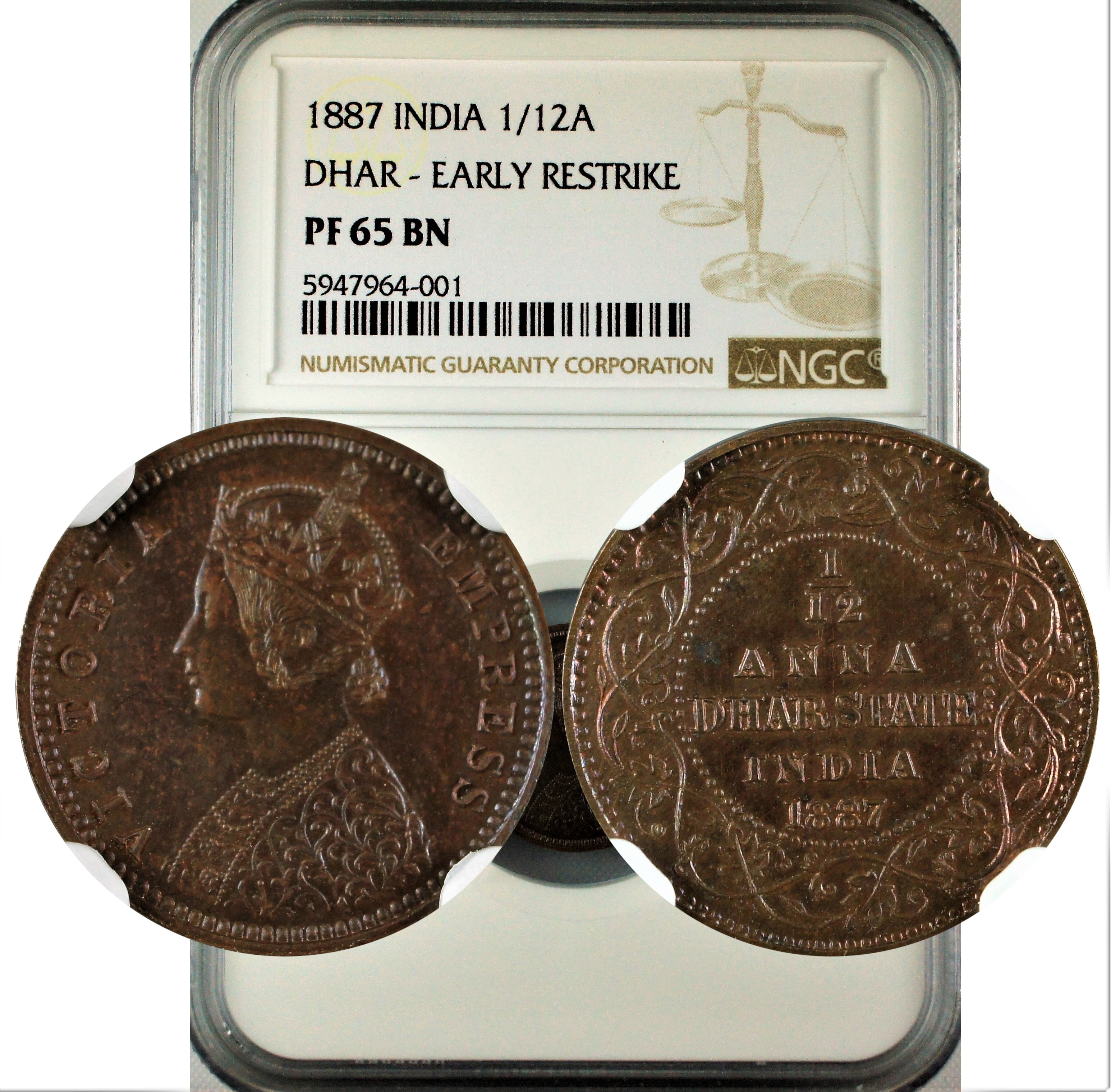 India Dhar State 1887 1/12 Anna Early Restrike NGC PF65 BN