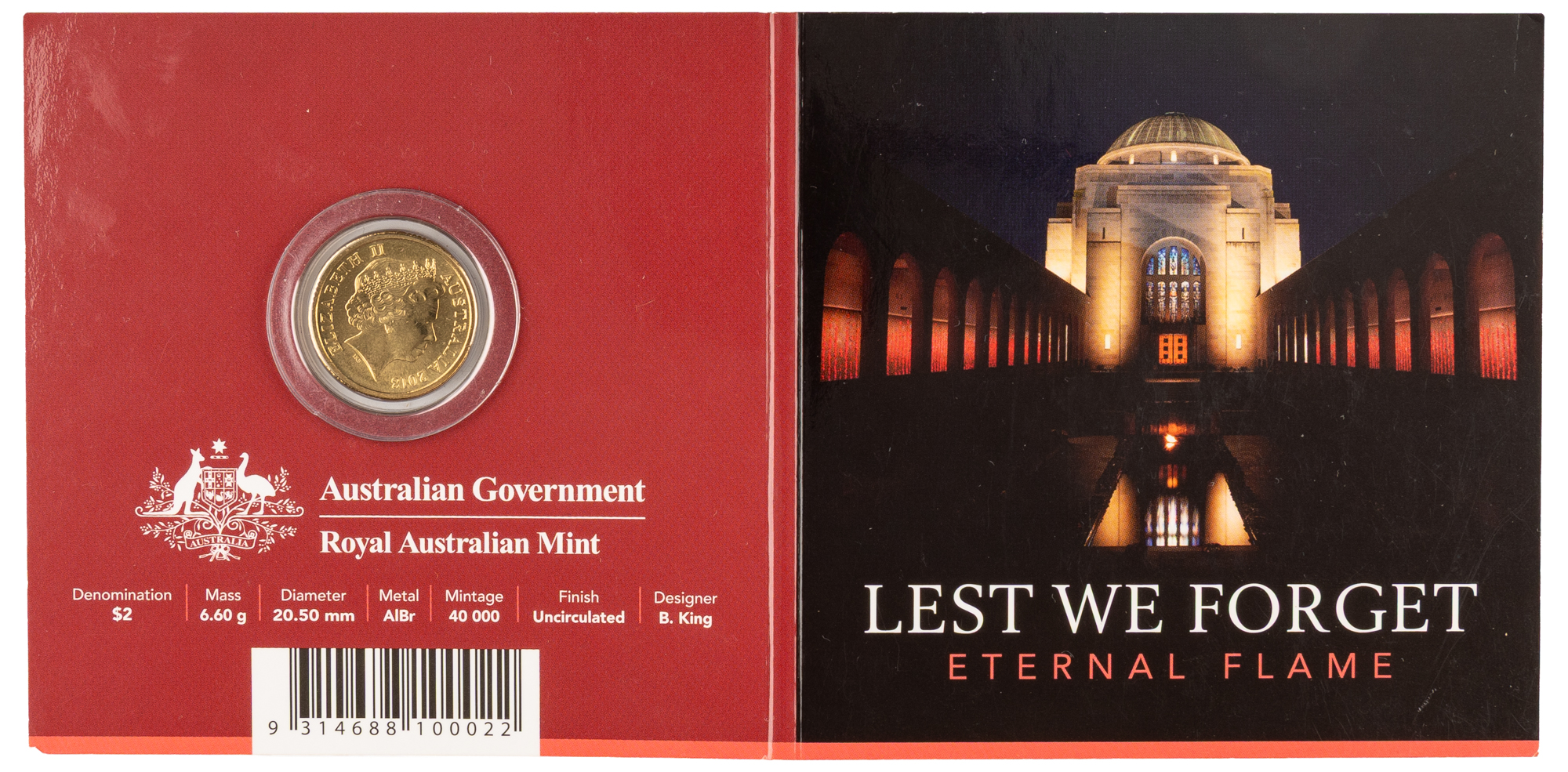 Elizabeth II, Lest We Forget, Eternal Flame, Two Dollars, 2018-C, UNC