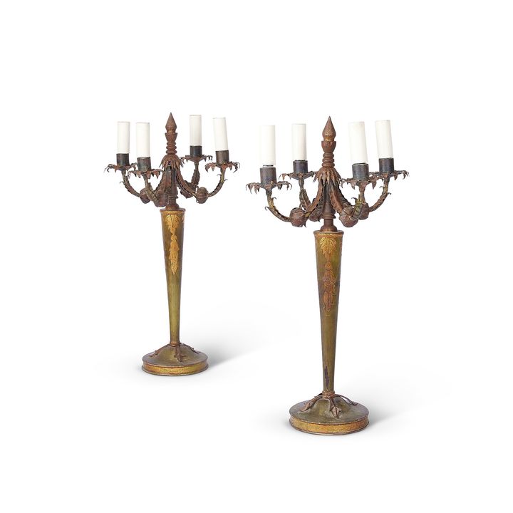 A pair of 1950's green japanned and gilt metal four light candelabra table lamps