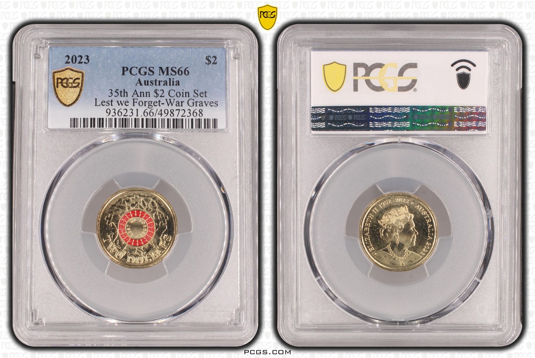 35th Ann $2 Coin Set Colourised Lest We Forget-War Graves, Two Dollar, 2023, PCGS MS66