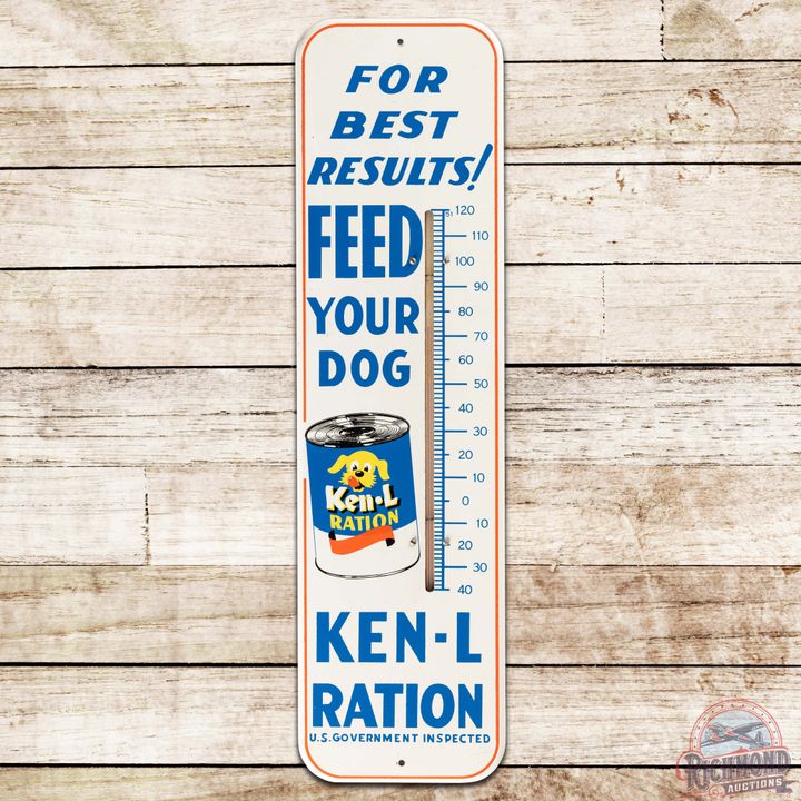 Feed Your Dog Ken L Ration "For Best Results" SS Tin Thermometer Sign