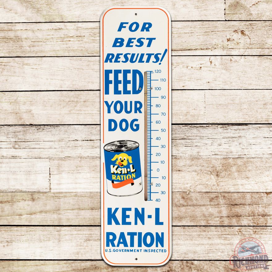 Feed Your Dog Ken L Ration "For Best Results" SS Tin Thermometer Sign