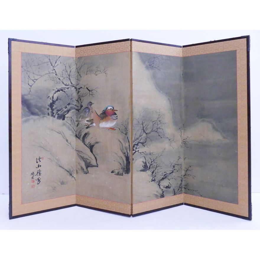 Japanese Painted 4 Panel Screen- Ducks in Landscape- 36x54''