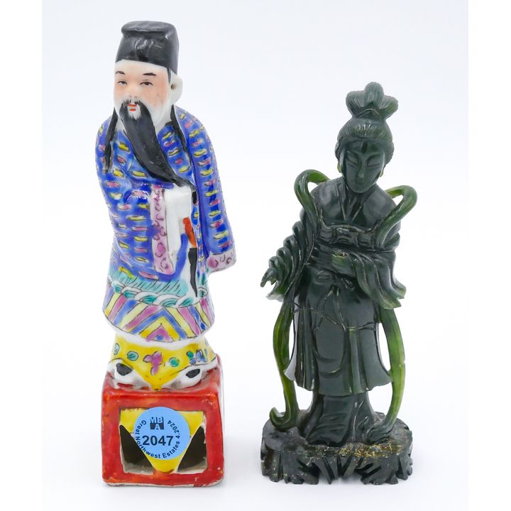 2pc Old Chinese Jade and Porcelain Small Figures 5'' to 6''