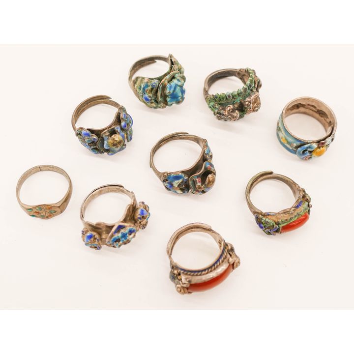 9pc Chinese Qing Enameled Silver Rings