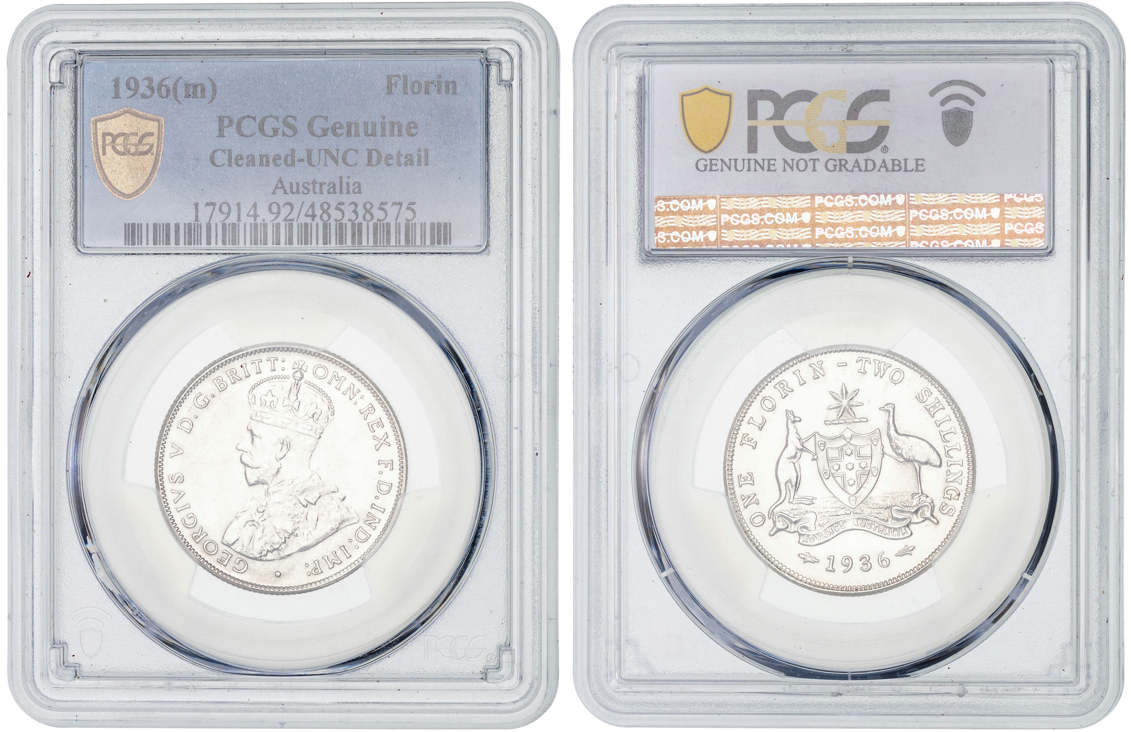 George V, Florin, 1936, PCGS Genuine Cleaned-AU Detail