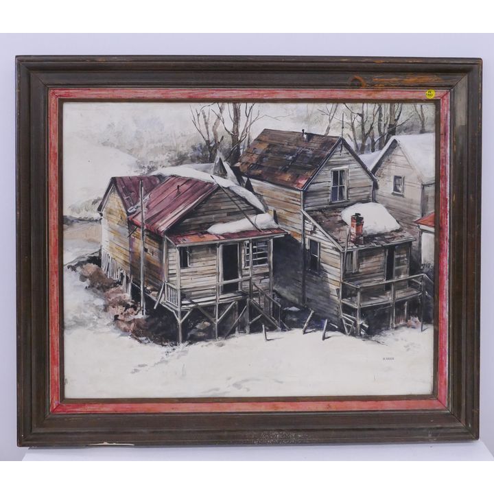 H. Rees River Houses Mixed Media on Board Painting Framed- 30x36''