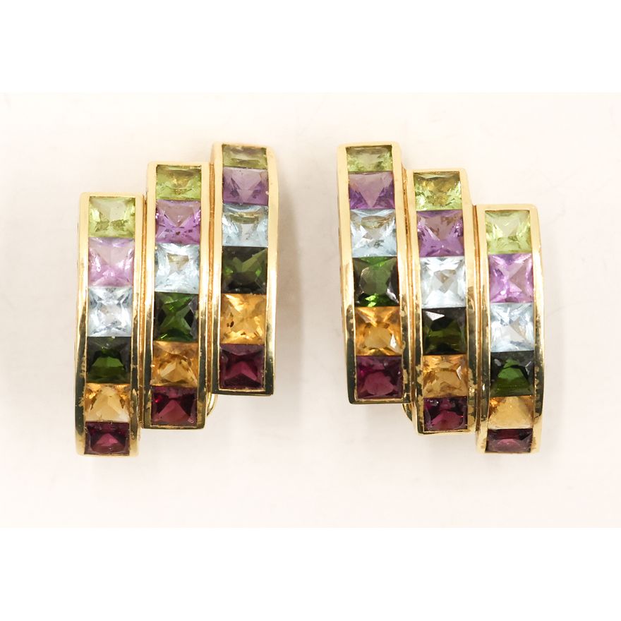 Pair 18k Mixed Colors Gemstone Earrings