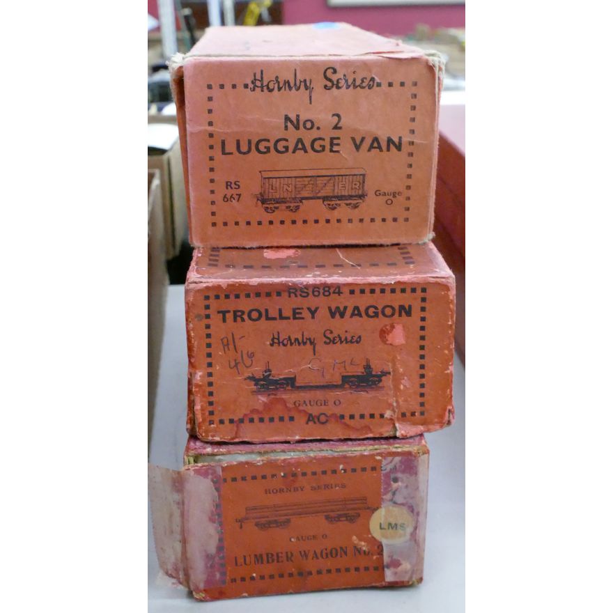 3pc Hornby Luggage Van and Wagon Train Cars in Boxes