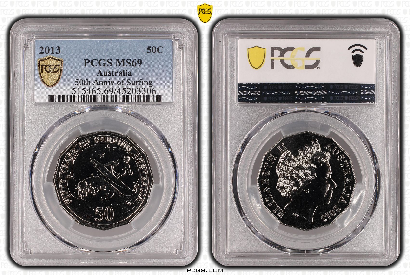 2013 Australia Fifty Cent, 50c 50th Anniv of Surfing PCGS - MS69 POP 4/0 -306