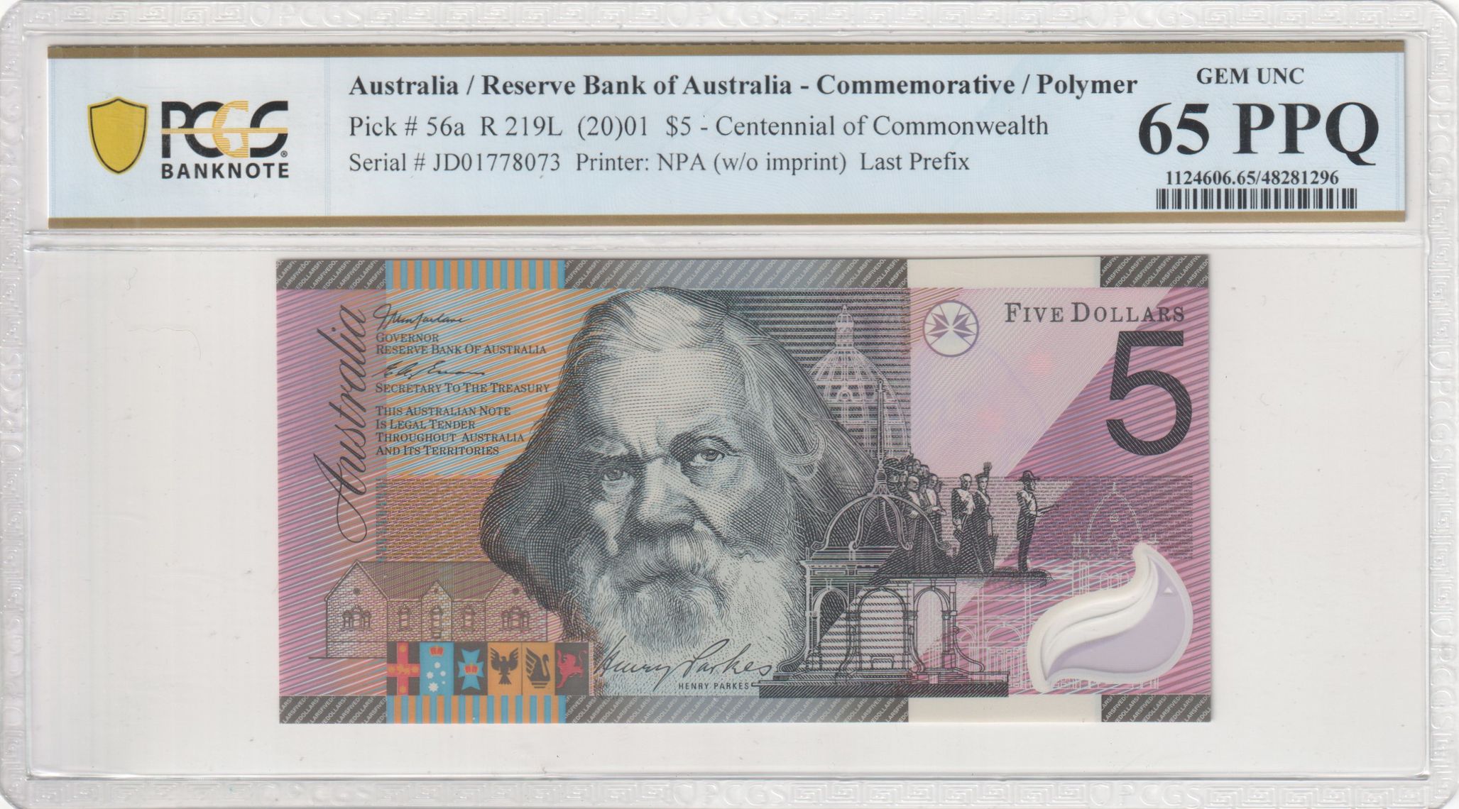 Macfarlane/Evans, Commemorative, Centennial of Commonwealth, Last Prefix, Five Dollar, 2001, PCGS Gem UNC 65 PPQ