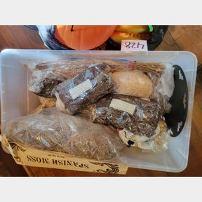 Tote of Decorative Material and a Bag of Pumpkins