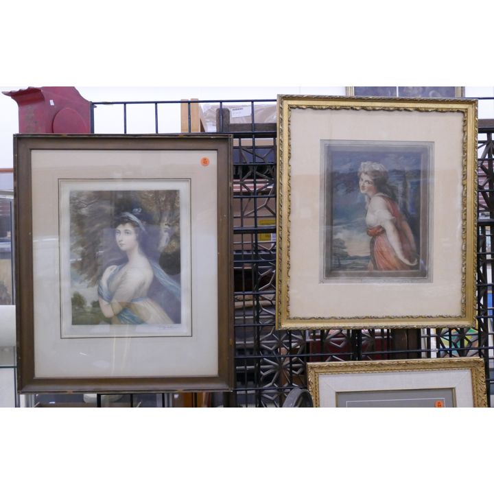 2pc Antique French Women Mezzotints- pencil Signed- largest 23x19''