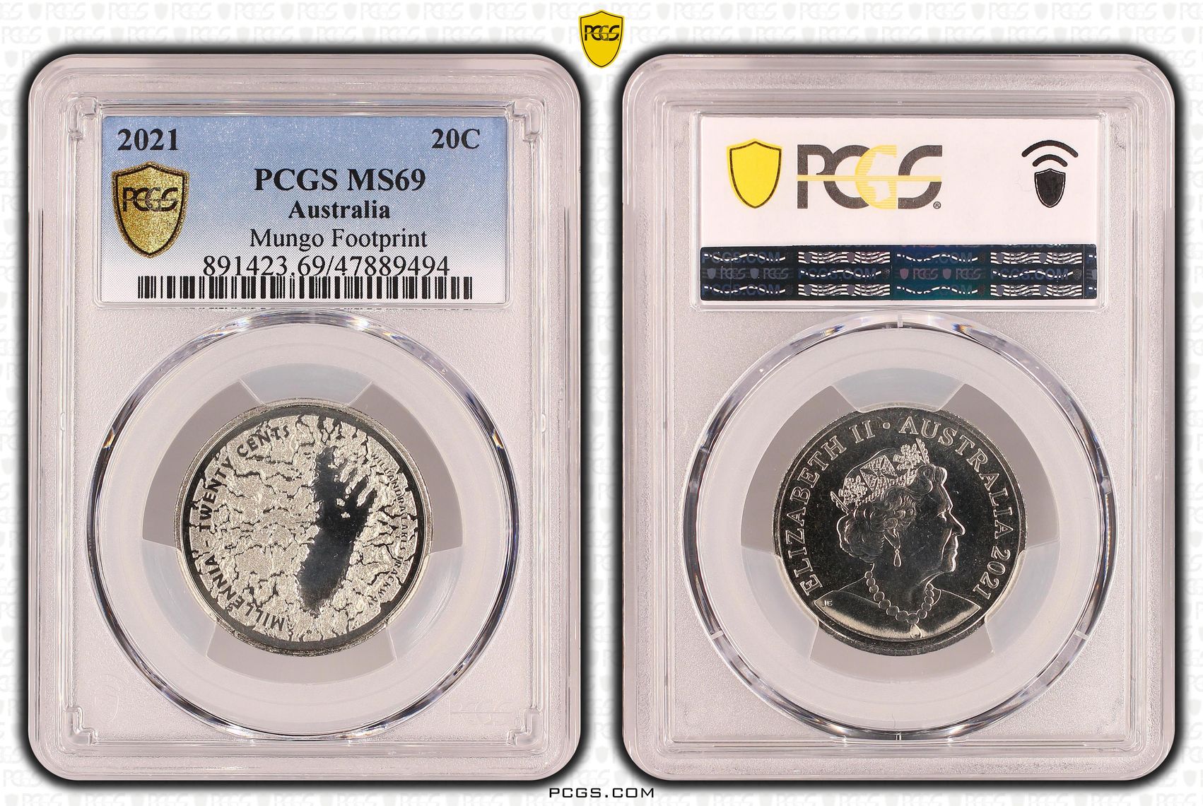 329 · Mungo Footprint, Twenty Cent, 2021, PCGS MS69
