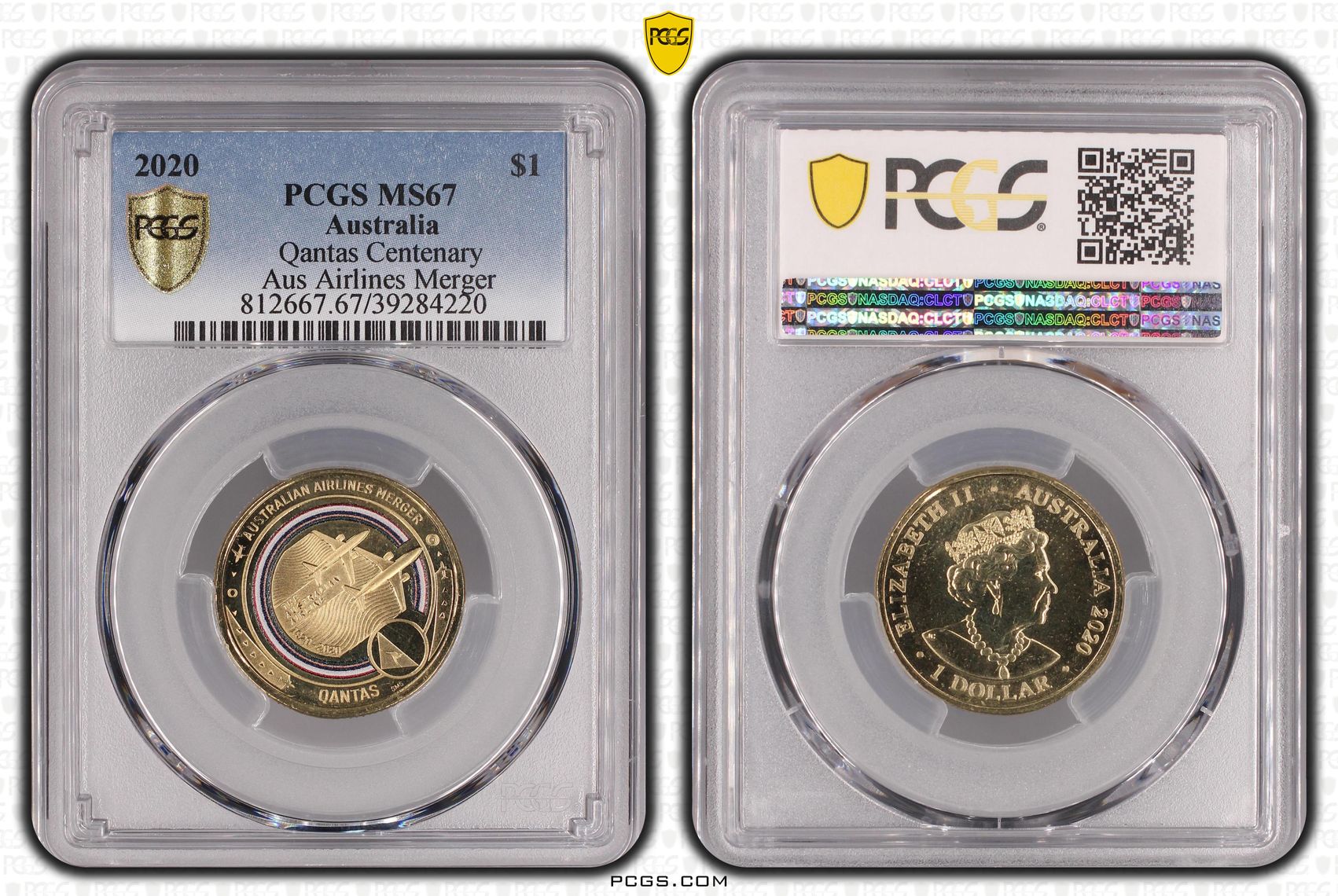 Qantas Centenary Aus Airlines Merger, One Dollar, 2020, PCGS MS67