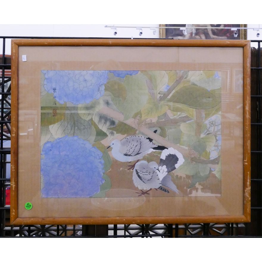Rakusan Japanese Birds Woodblock Print Framed- 19x25''
