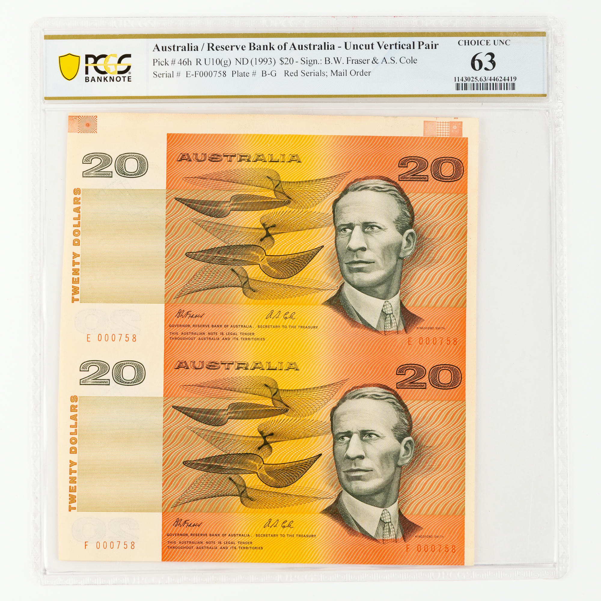 Fraser/Cole, Twenty Dollars, 1993, PCGS 63 Choice Uncirculated