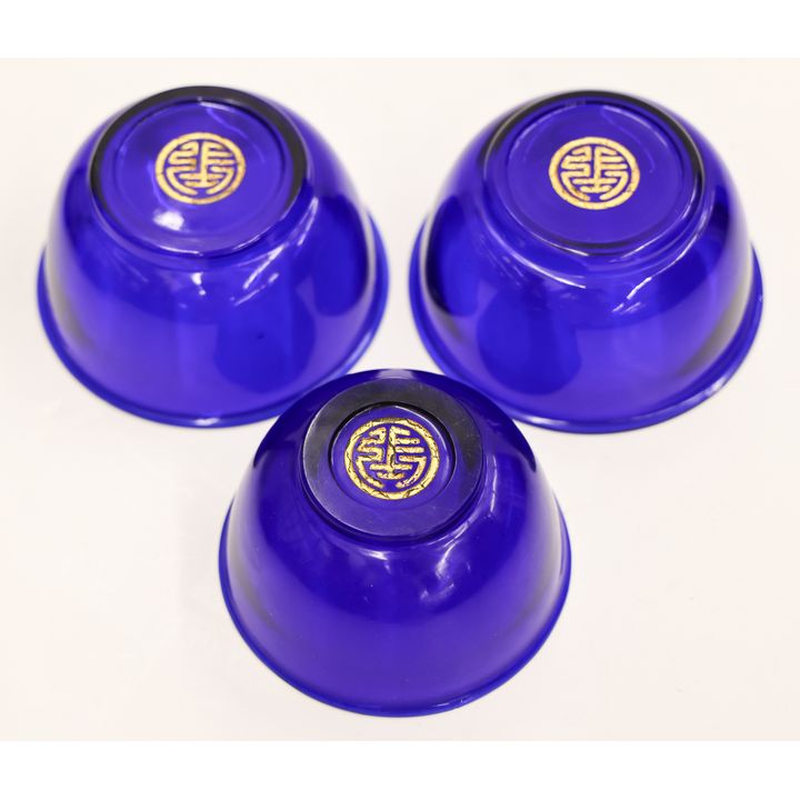 3pc Chinese Cobalt Peking Glass Shou Bowls