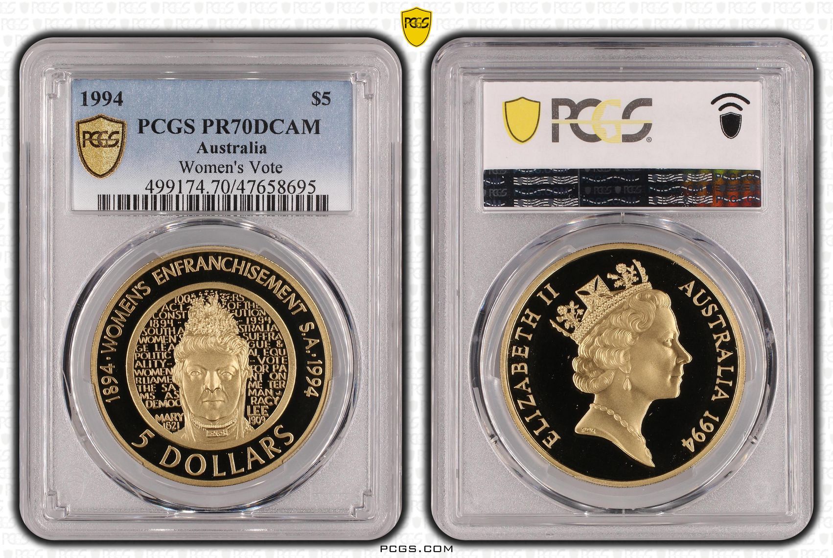Elizabeth II, Women's Vote, Pop 16/0, Five Dollar, 1994, PCGS PR70DCAM