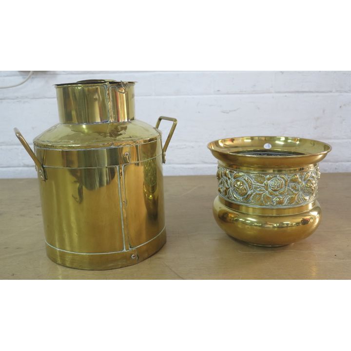 BRASS MILK CAN AND JARDINIERE