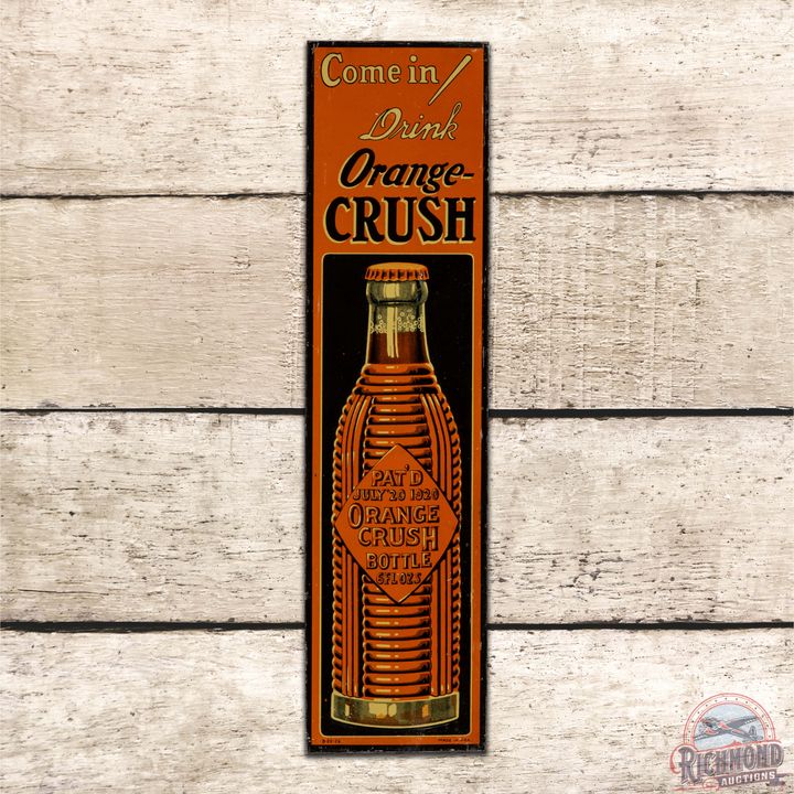 Come In Drink Orange Crush Emb. Single Sided Tin Door Push Sign w/ Krinkle Bottle