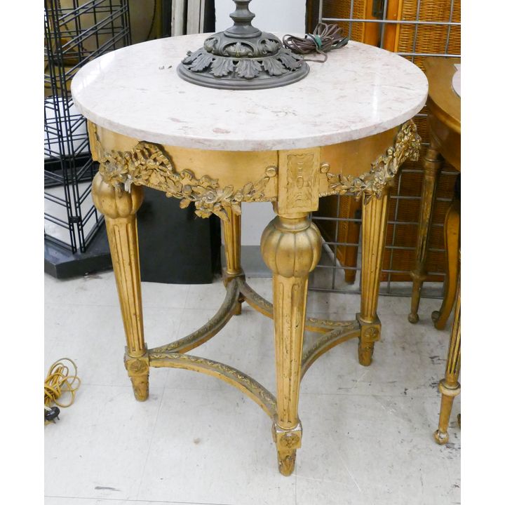 French Gilt Carved Pink Marble Top Round Lamp Table- 29.5x25.5'' (some edge chipping and loss)