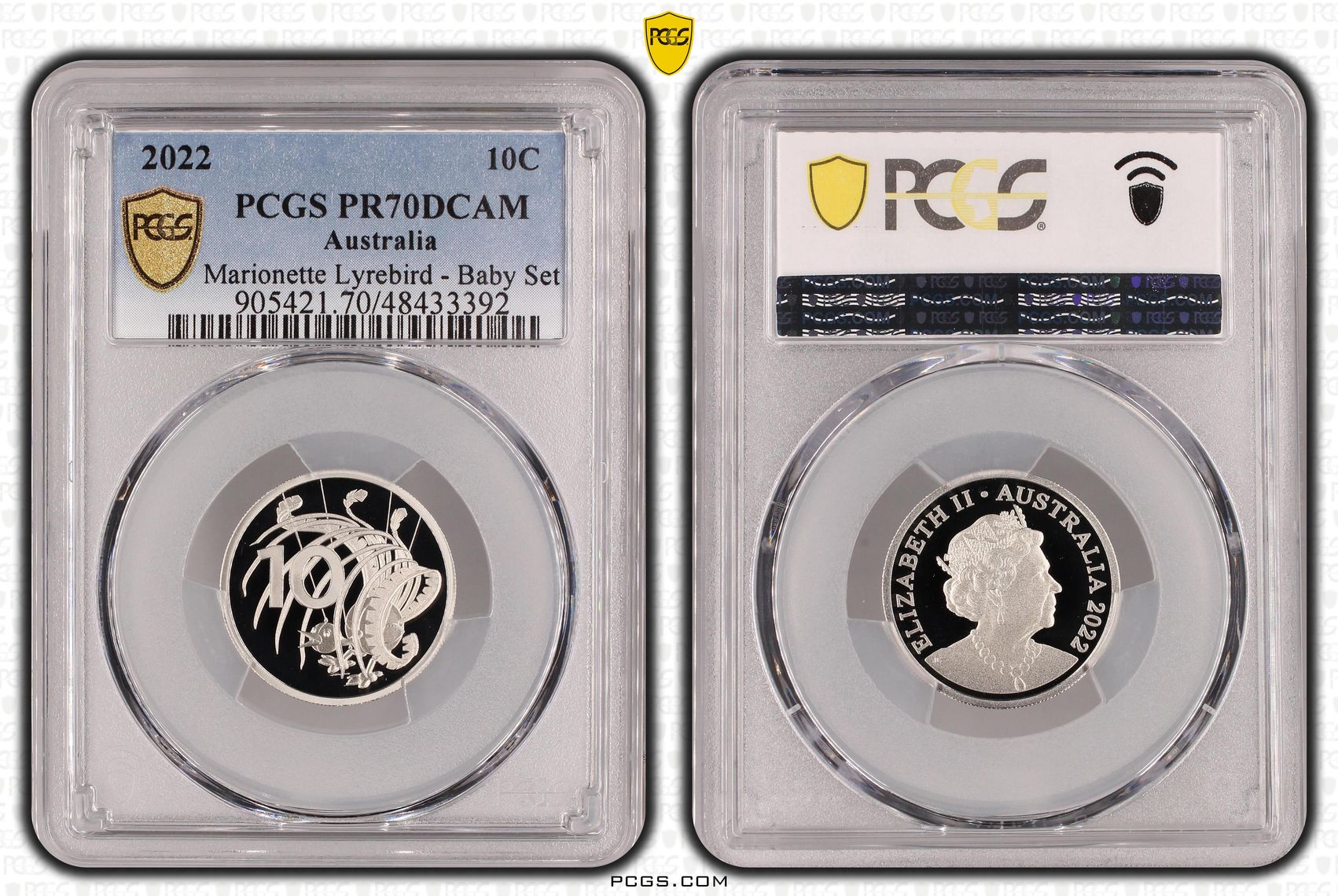 Elizabeth II, Marionette Lyrebird - Baby Set, Ten Cent, 2022, PCGS PR70DCAM