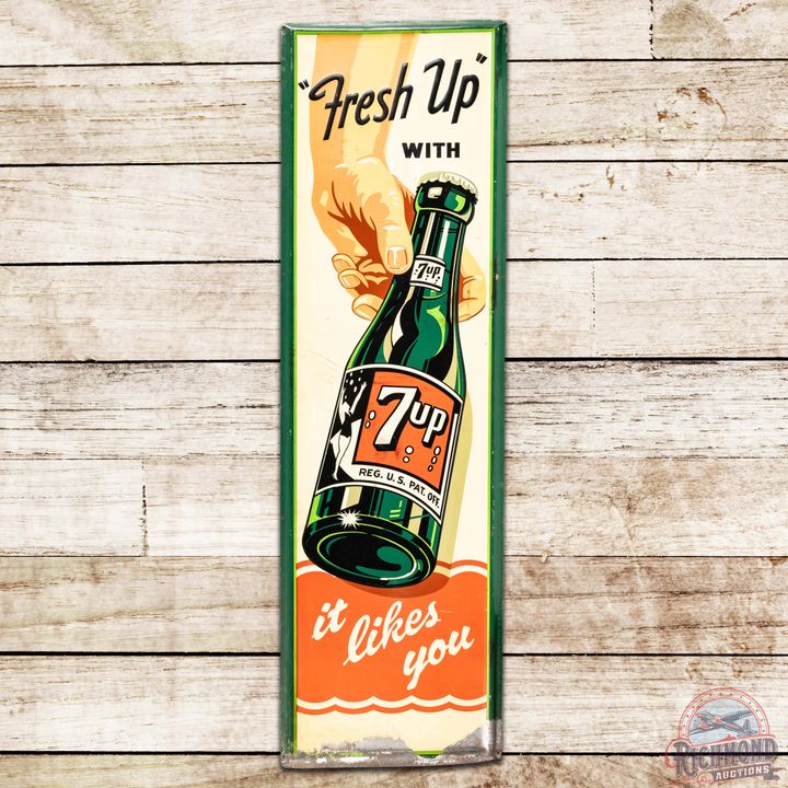 Fresh Up with 7up Vertical Embossed SST Sign w/ Bottle & Hand