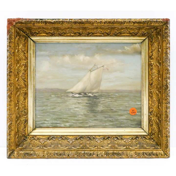 Antique American Flag Sailboat Oil Painting in Gilt Framed- 13x15''