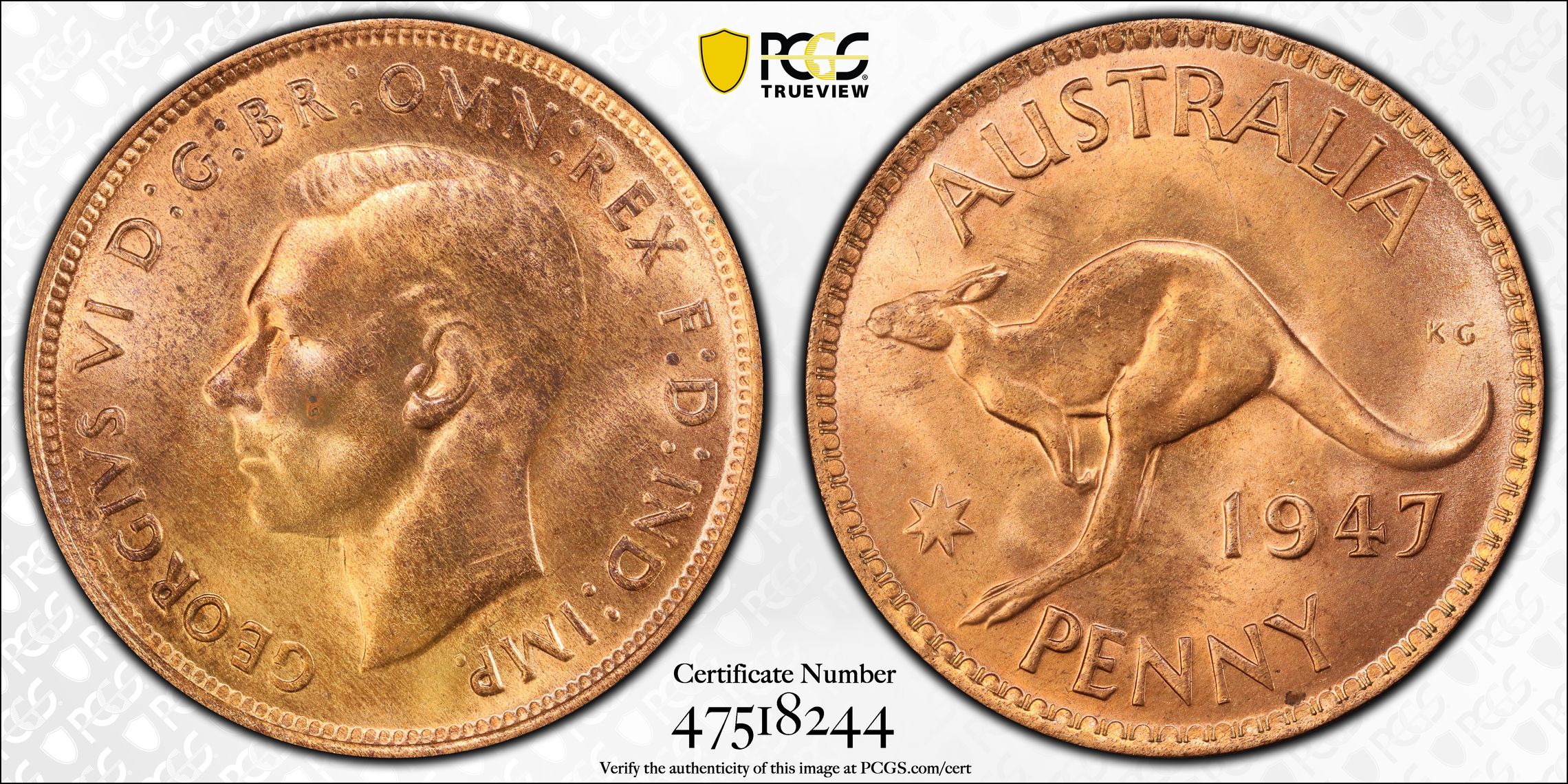 One Penny, 1947 (m) POP Report 6/0, PCGS MS 65RB
