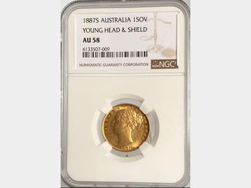 1887 VICTORIA YOUNG HEAD SYDNEY MINT SHIELD GOLD SOVEREIGN (LAST SHIELD) AU58