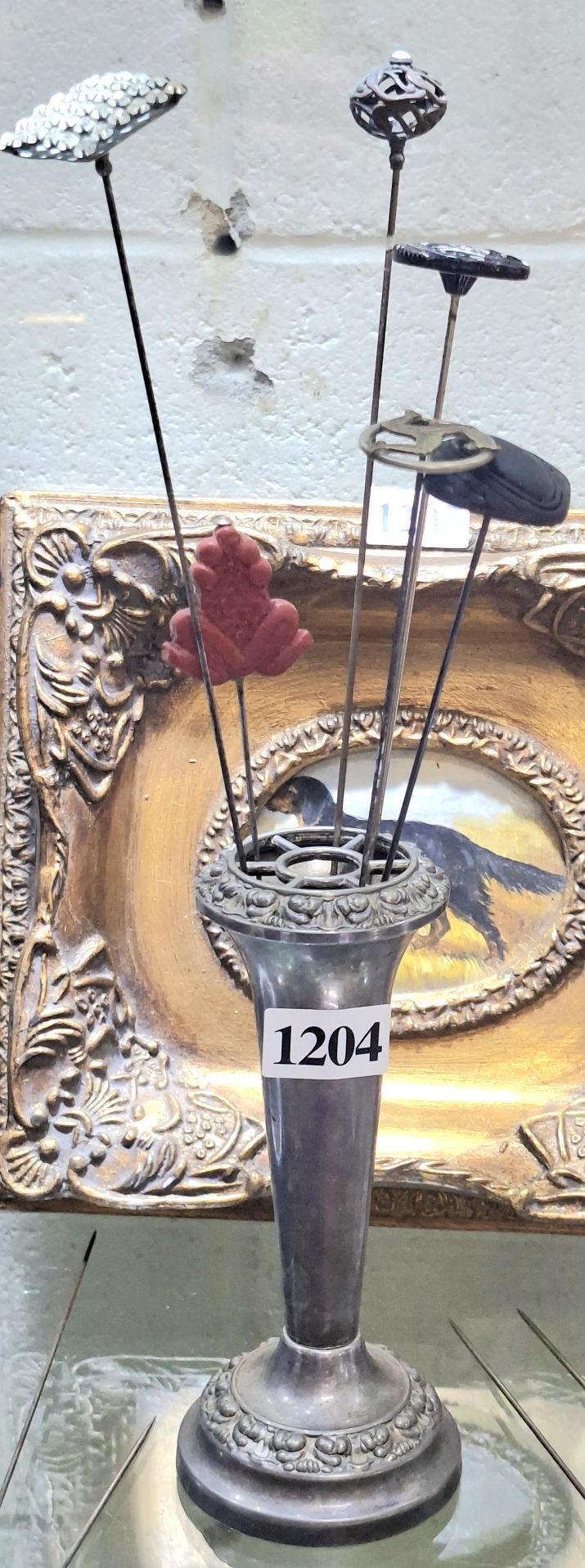 1204 · METAL VASE AND VINTAGE HAT PINS