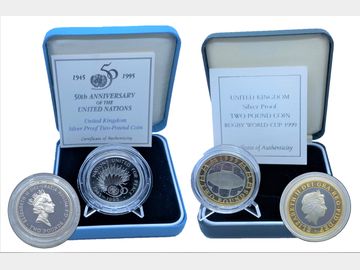 1999 ELIZABETH II RUGBY WORLD CUP & 1995 UN SILVER PROOF TWO POUND COINS