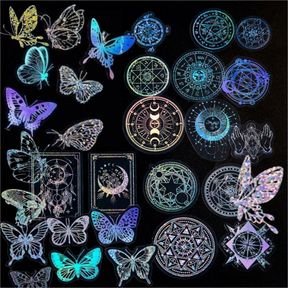 90 PCS HOLOGRAPHIC STICKERS, SELF-ADHESIVE TRANSPARENT STICKERS LABEL, MYSTERIOUS BUTTERFLY ASTROLOGICAL THEME,RESIN STICKERS FOR