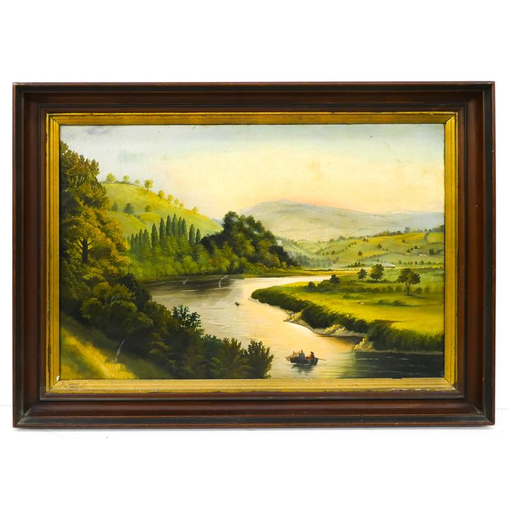 Antique British or American River Scene Oil on Canvas. Unsigned. Framed- 26x35''