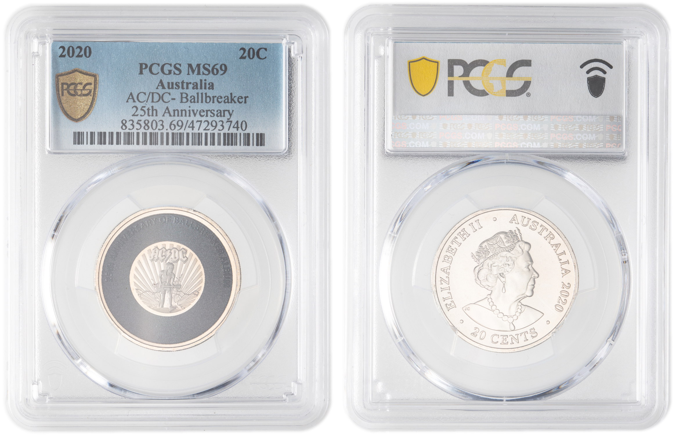 Elizabeth II, AC/DC- Ballbreaker 25th Anniversary, Twenty Cent, 2020, PCGS MS69