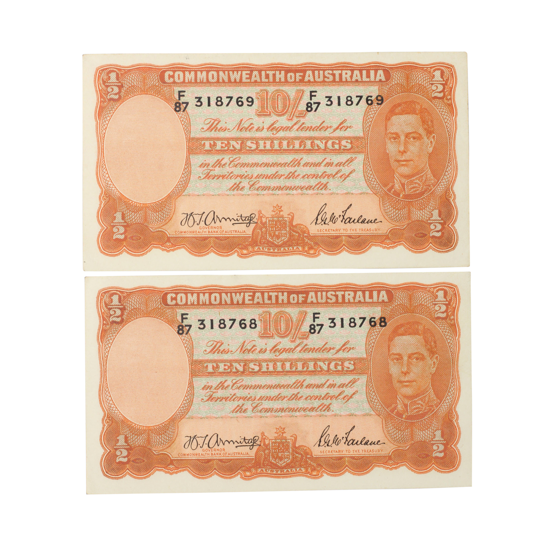 1954. · Consecutive Pair, Armitage/McFarlane,  Ten Shillings, 1942, UNC