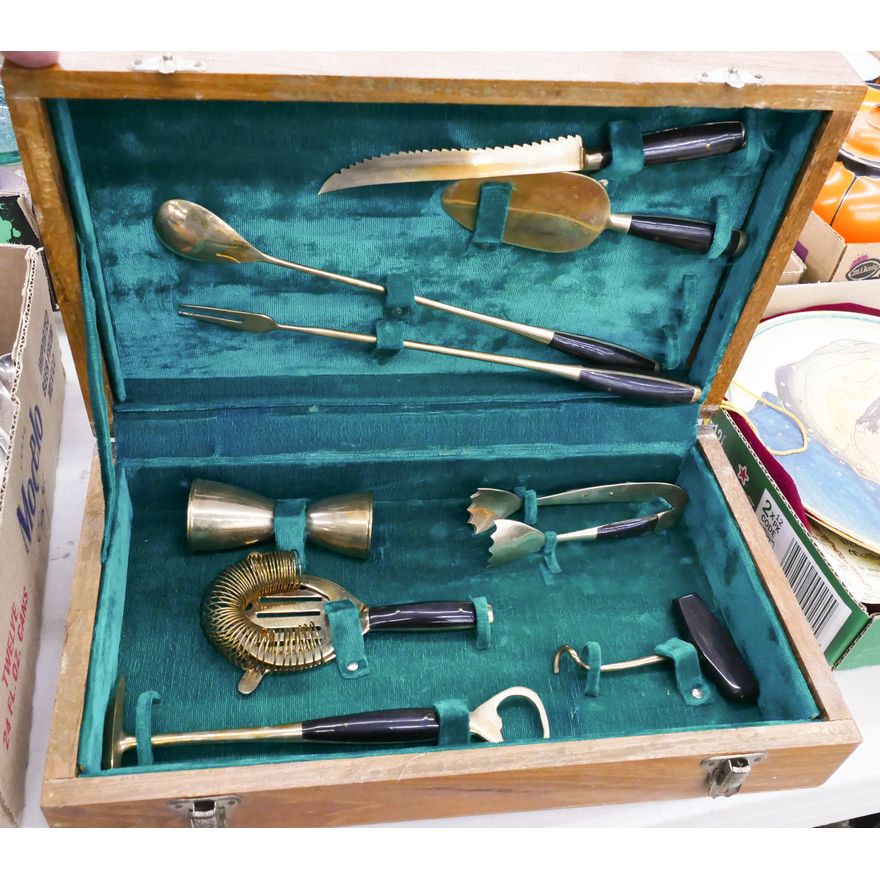 India Brass Bar Set in Wood Case