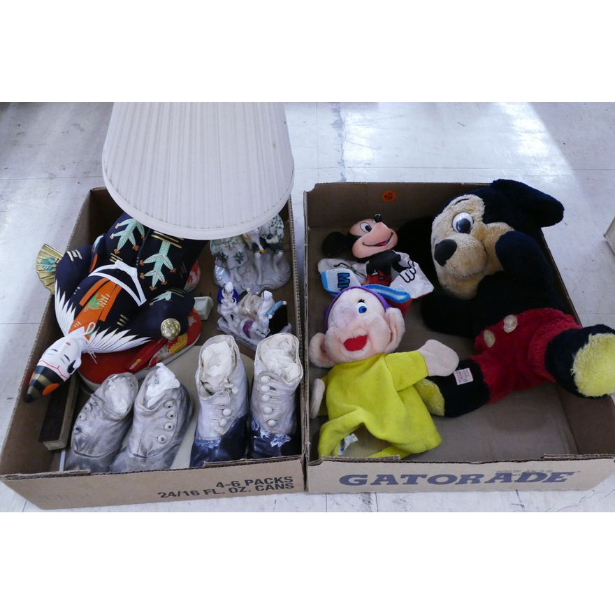 2 Boxes Disney Toys and Baby Shoes Etc