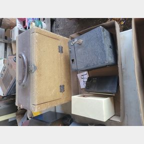 Vtg record player, Brownie type camera, other electronics