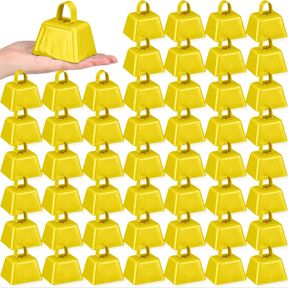 FIADA 50 PCS COWBELLS NOISE MAKER DECORATIVE COW BELLS SMALL COW BELL BULK WITH HANDLES METAL SCHOOL COWBELLS FOR SPORTING EVENTS,